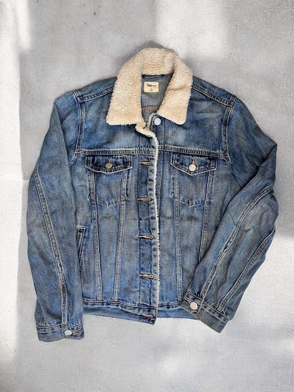 GAP Blue Denim Jacket with Cream Sherpa Collar